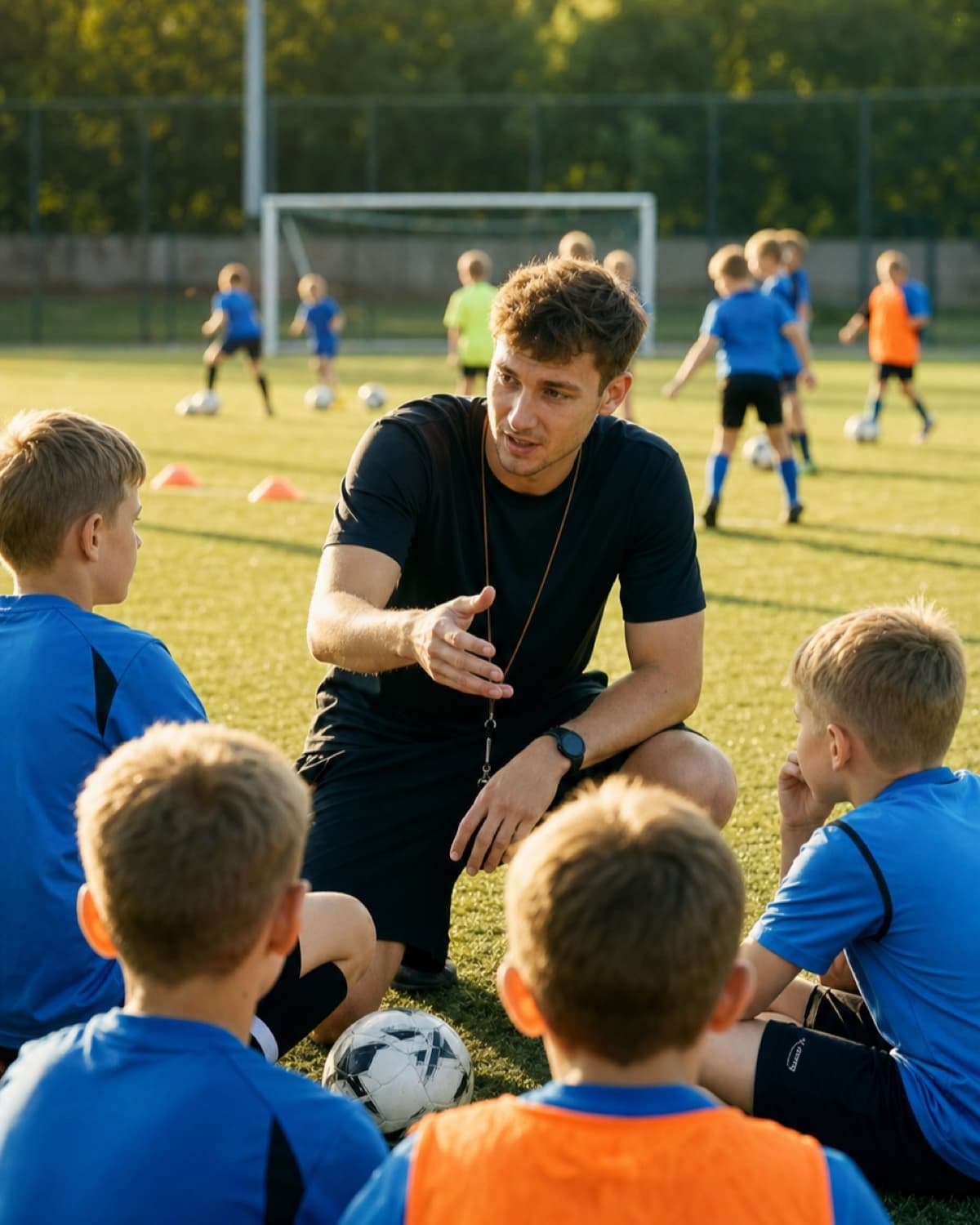 Trener prowadzi trening dzieci na boisku piłkarskim
